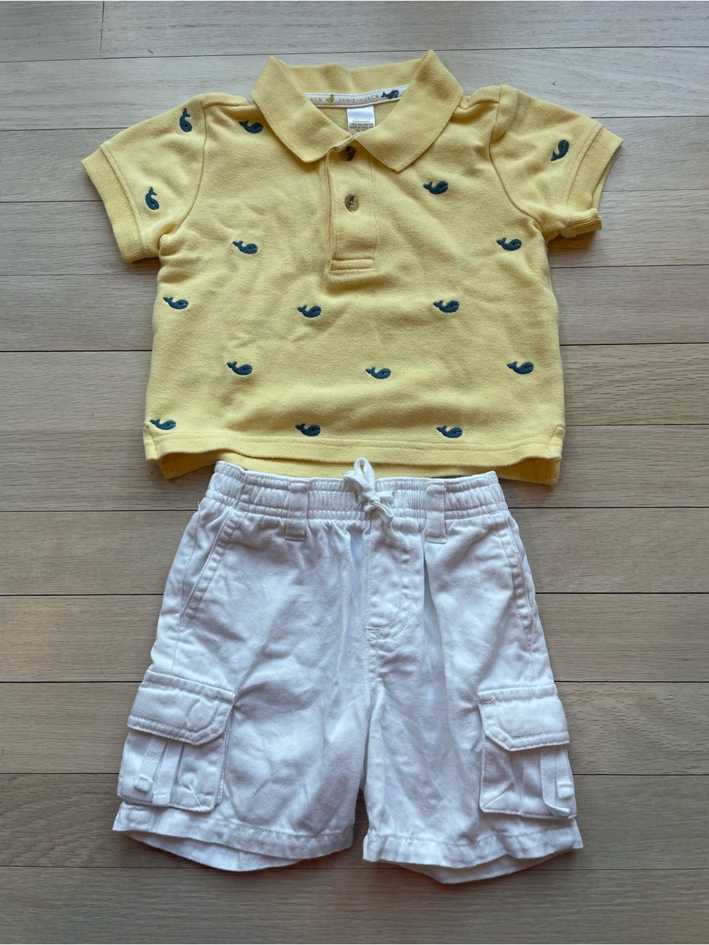 Janie and Jack Yellow Polo Whale Embroidered Top with White Cargo Shorts